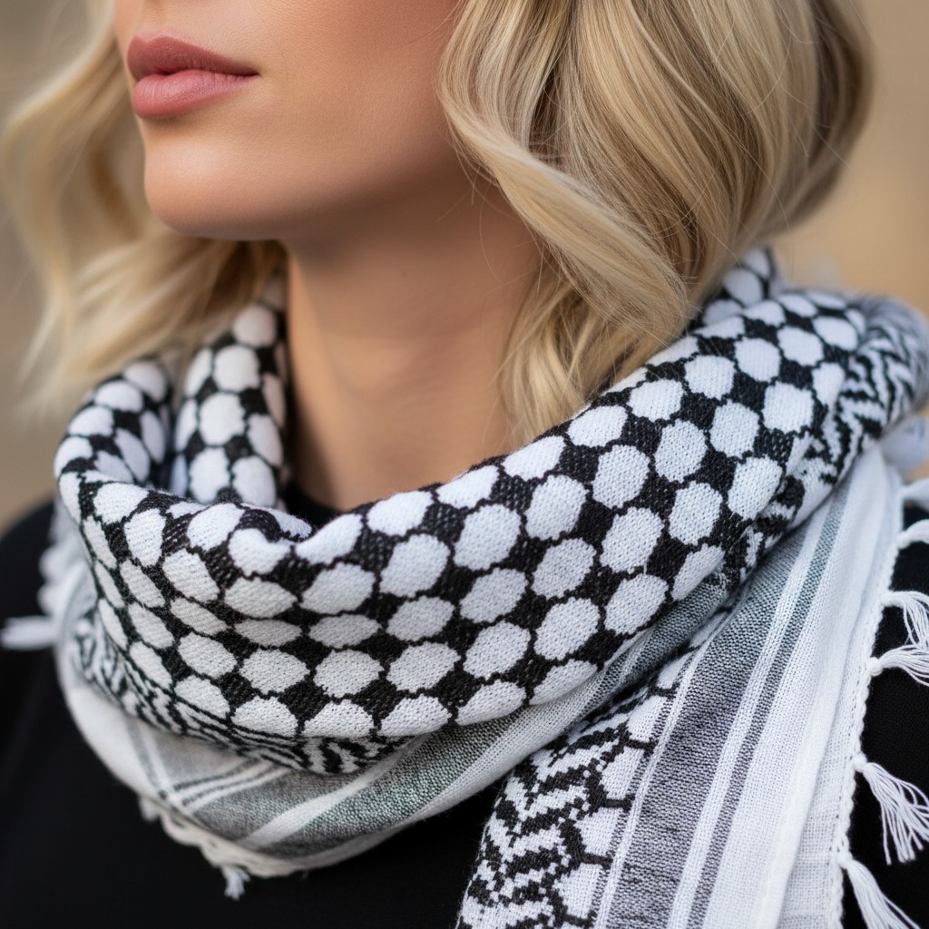 A fair-skinned blonde woman wears a black-and-white keffiyeh wrapped around her neck.